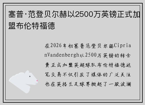 塞普·范登贝尔赫以2500万英镑正式加盟布伦特福德 塞普·范登贝尔赫以2500万英镑正式加盟布伦特福德